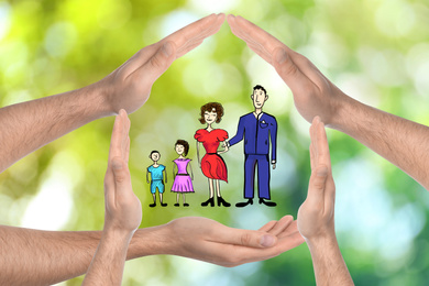 Image of People forming house with their hands and illustration of family on blurred green background, closeup