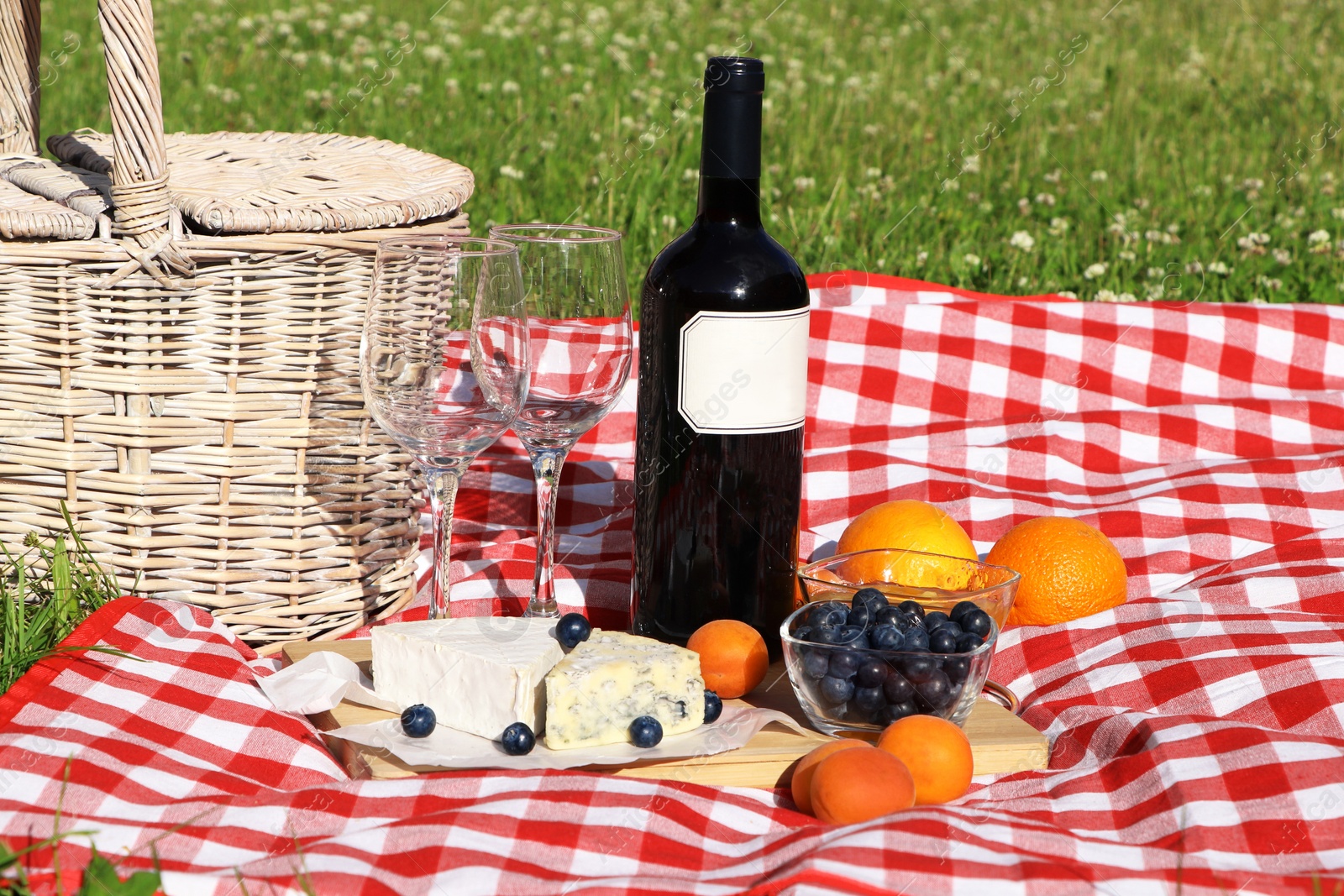 Photo of Picnic blanket with delicious food and wine outdoors on summer day