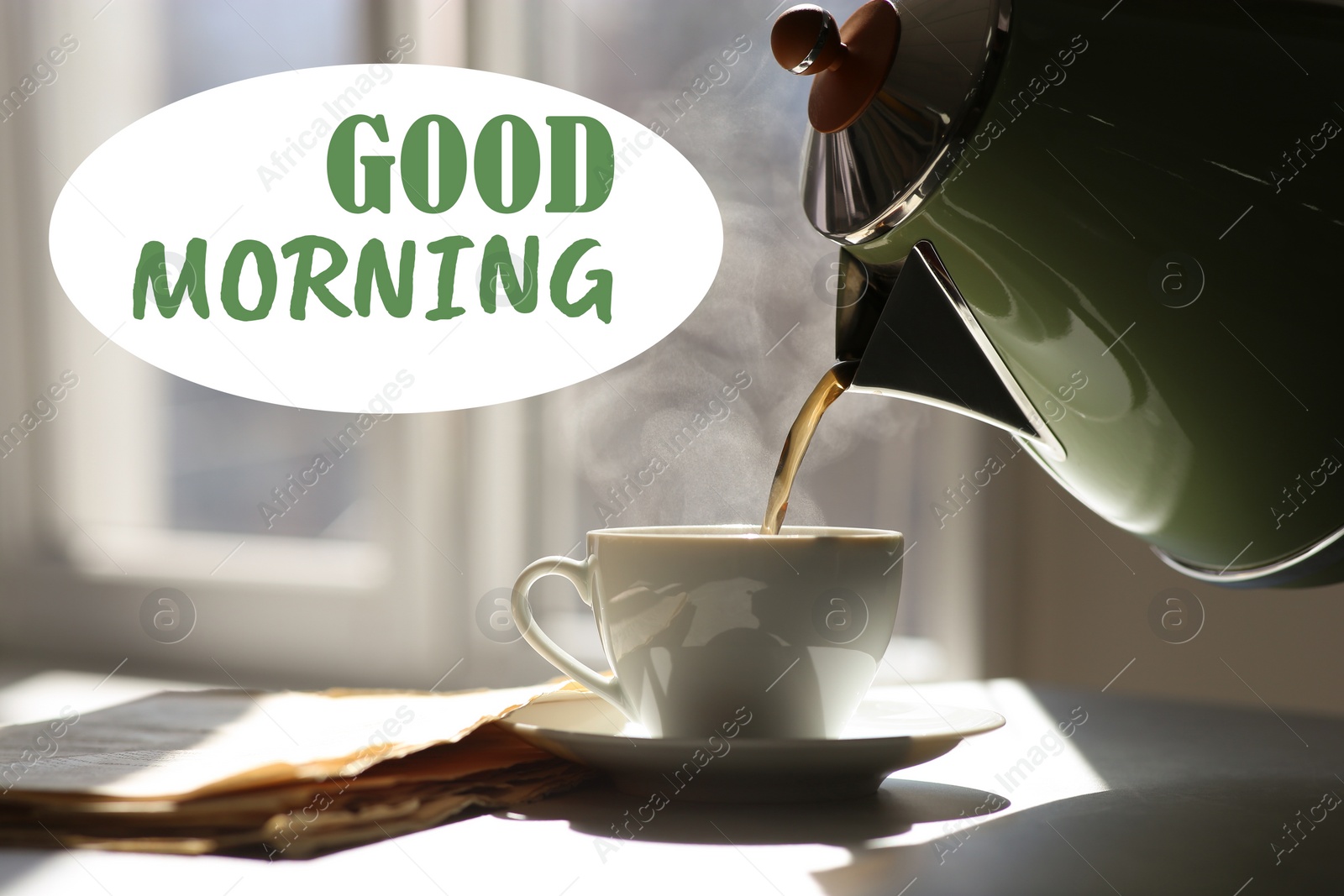 Image of Good Morning! Pouring hot tea into cup on sunlit table