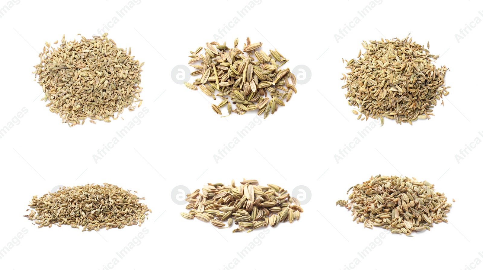 Image of Dry fennel seeds isolated on white, top and side views