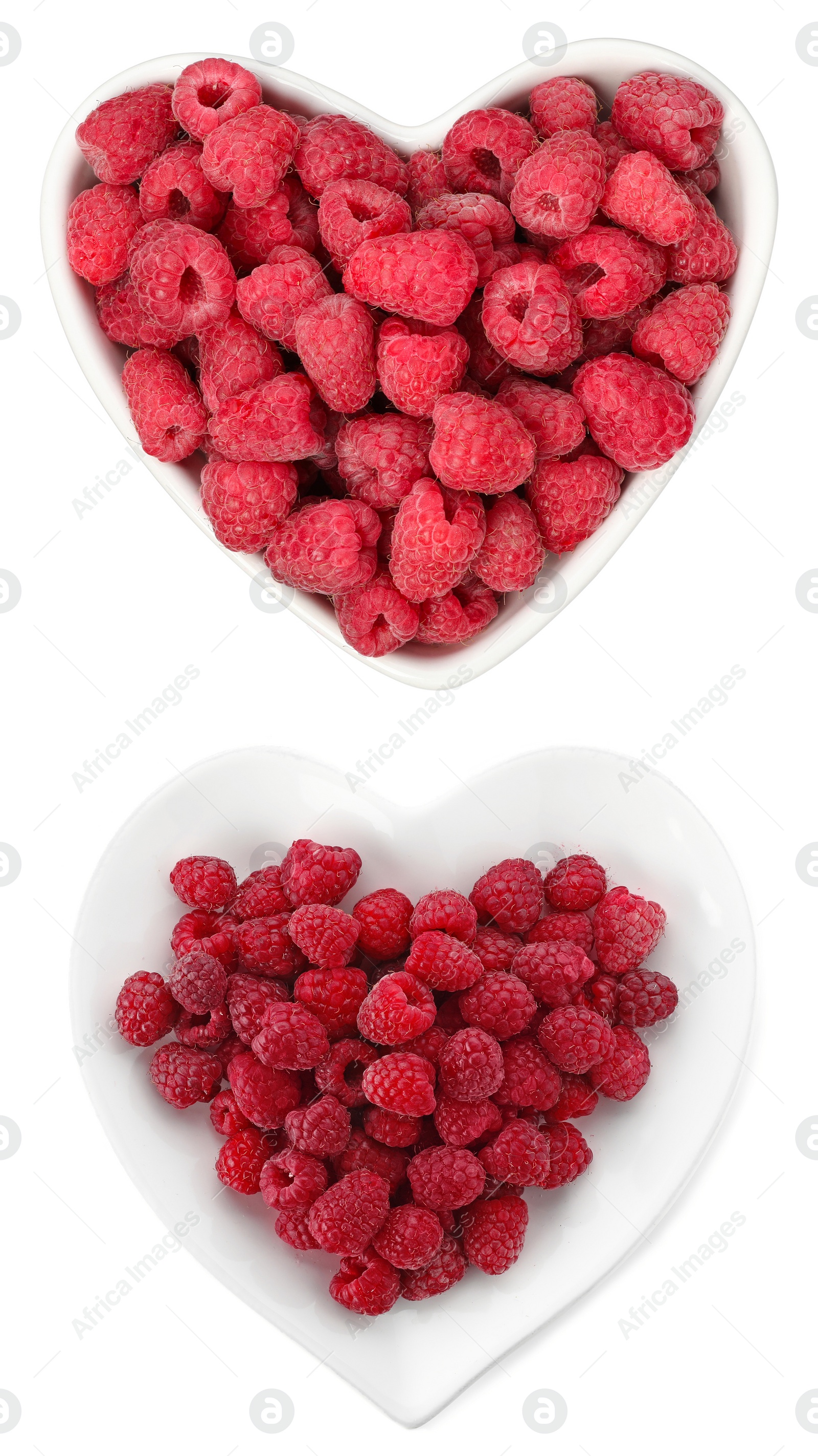 Image of Heart shaped plates with fresh ripe raspberries on white background