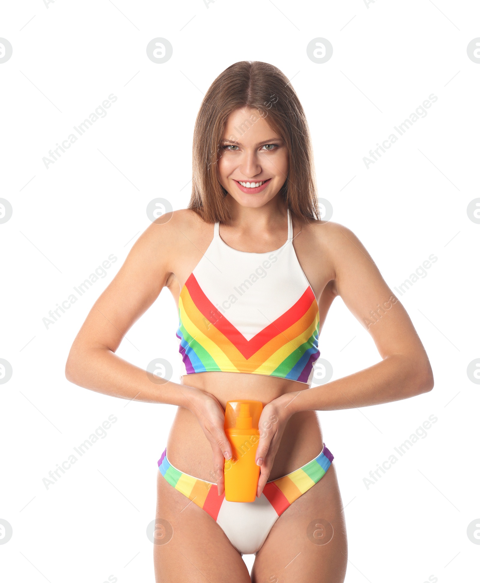 Photo of Woman with bottle of sun protection body cream on white background