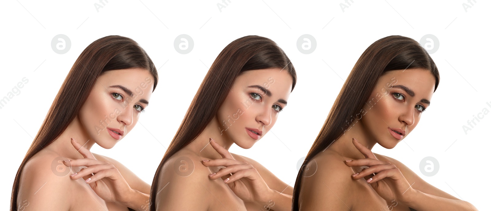 Image of Beautiful young woman on white background, banner design. Collage with photos showing stages of suntanning