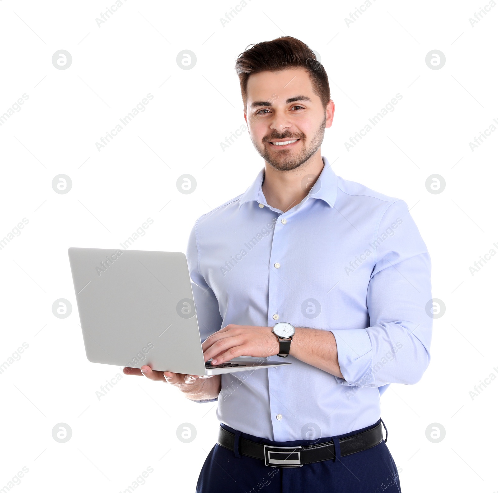 Photo of Young man with laptop on white background