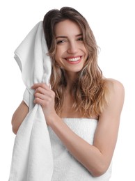 Photo of Beautiful young woman wiping hair with towel after washing on white background