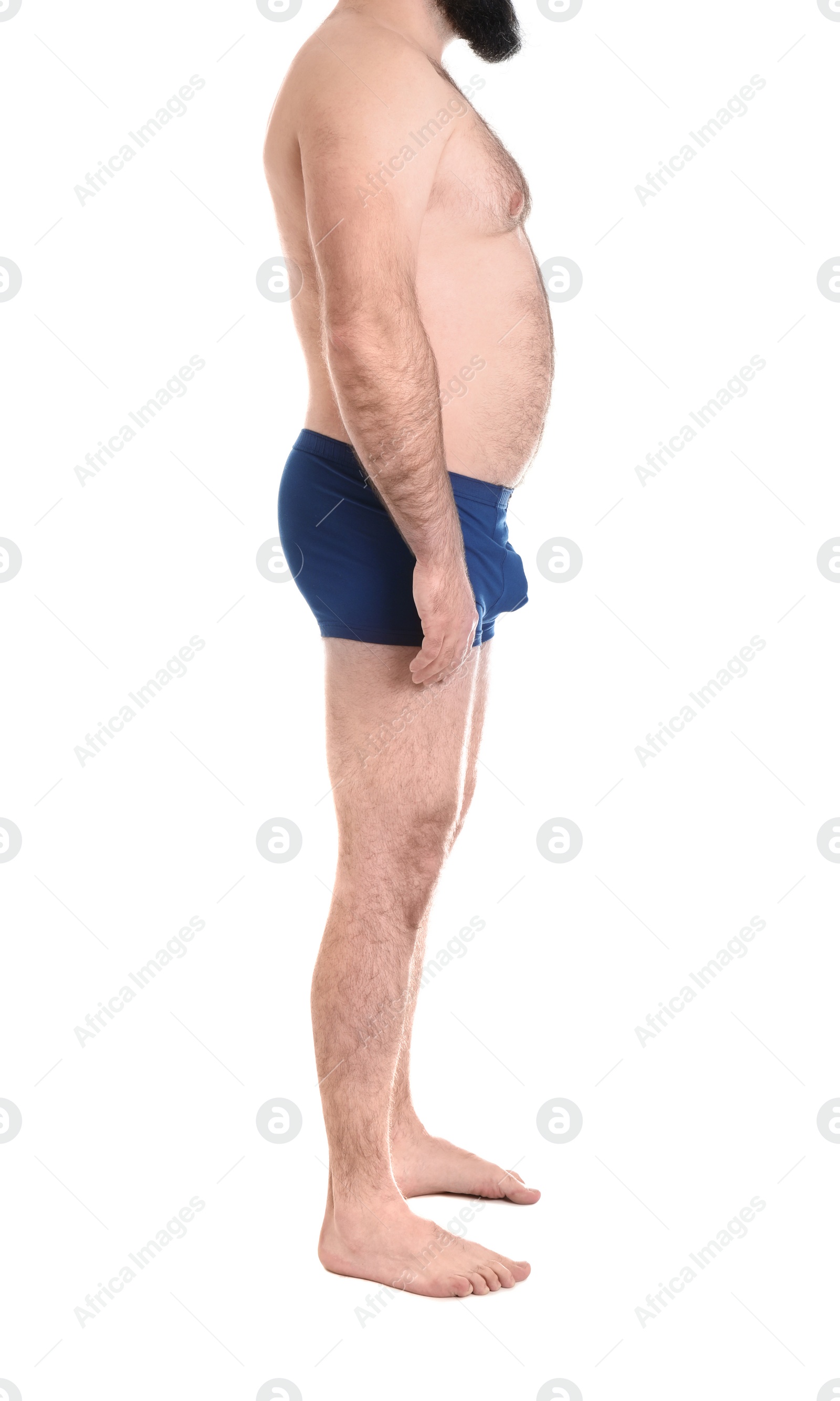 Photo of Overweight man isolated on white, closeup. Weight loss