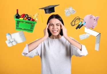 Image of Overwhelmed woman and different objects around her on yellow background