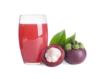 Delicious mangosteen juice and fresh fruits on white background