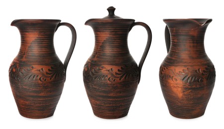 Image of Set with brown clay jugs on white background. Banner design