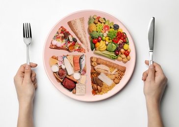 Woman holding cutlery near plate with different products on white background, top view. Balanced food