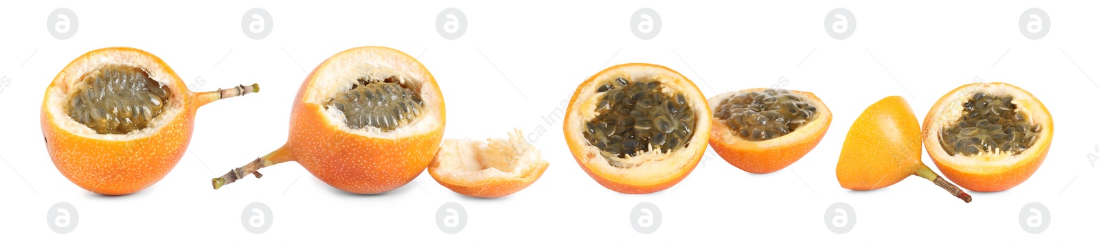Image of Set with delicious granadillas on white background. Banner design