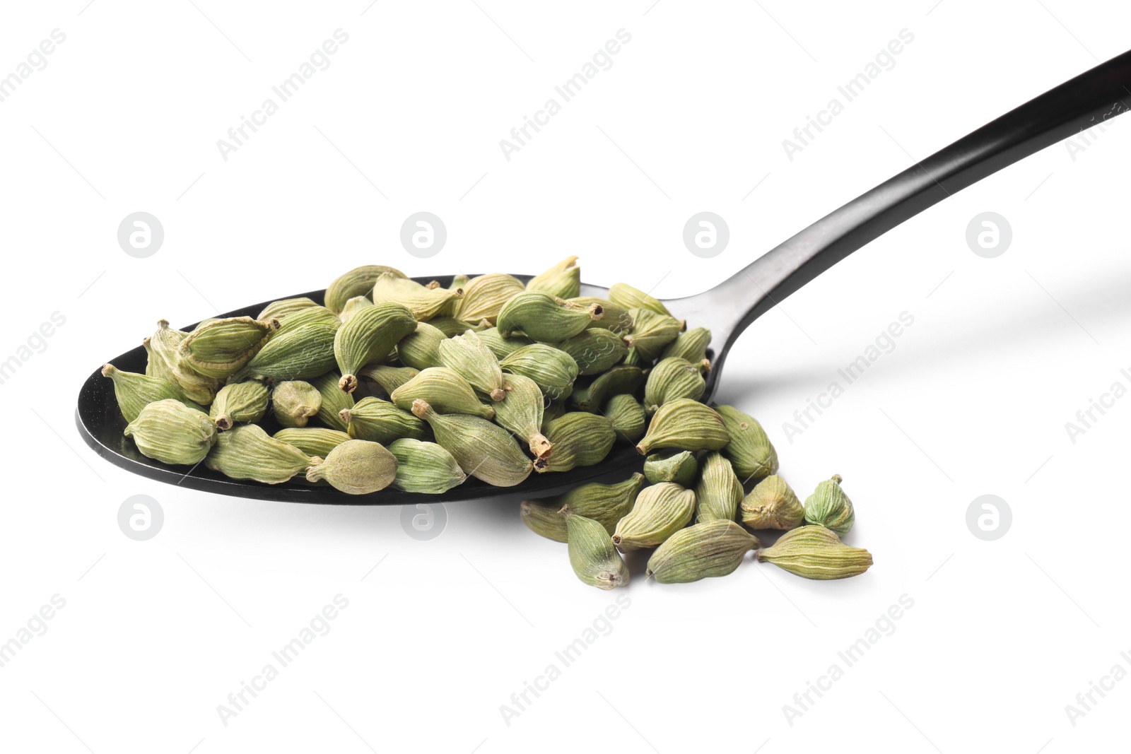 Photo of Spoon with cardamom on white background, closeup