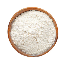 Photo of Organic flour in bowl isolated on white, top view