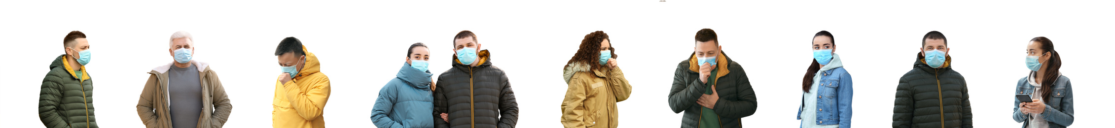 Image of Collage of people wearing medical face masks on white background. Banner design