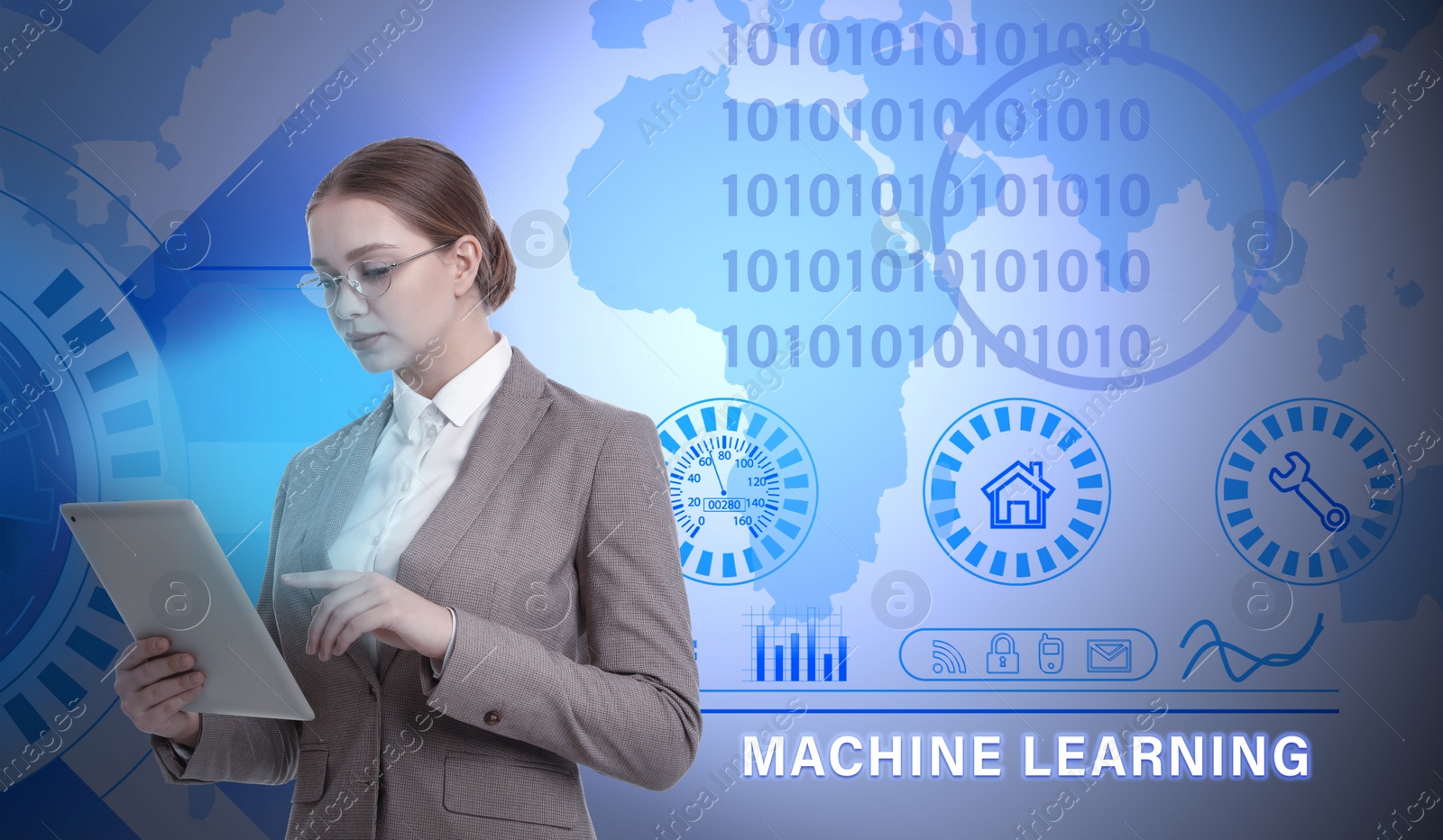 Image of Young woman using tablet and machine learning model on background
