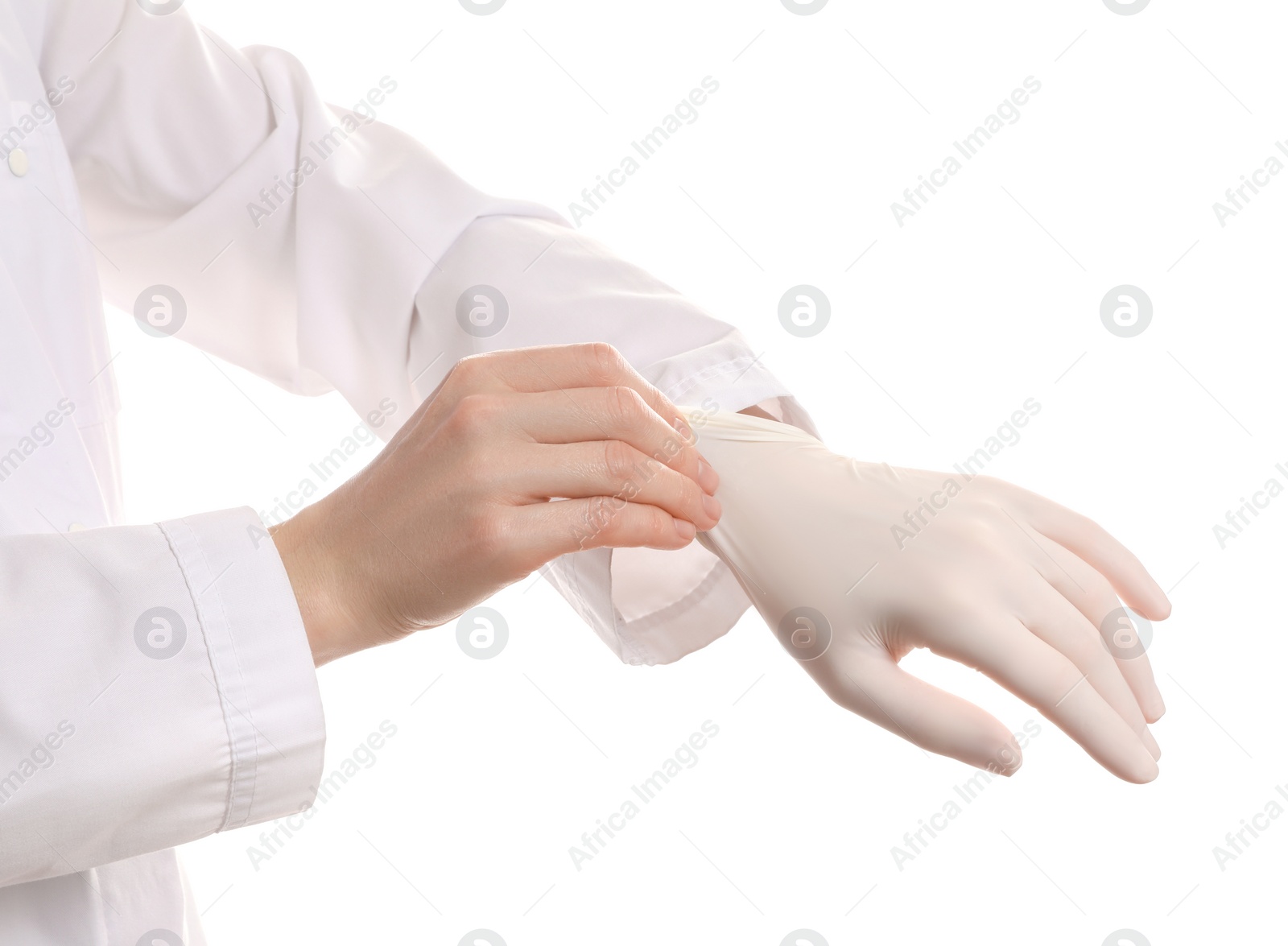 Photo of Doctor wearing medical gloves on white background, closeup