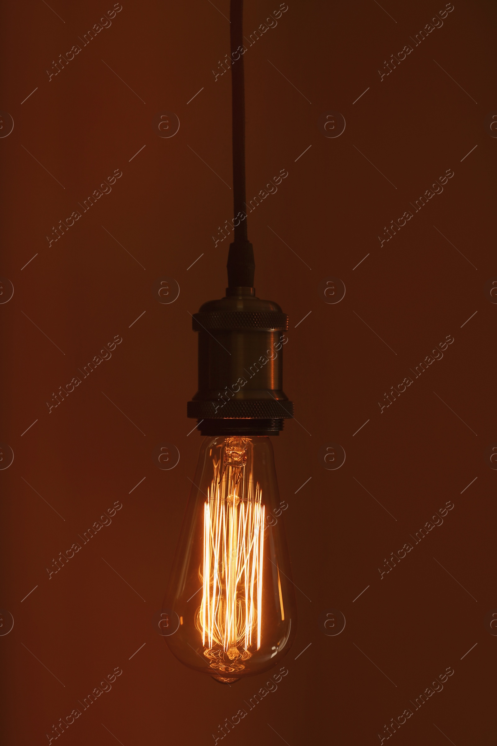 Photo of Hanging modern lamp bulb against brown background