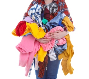 Photo of Woman holding dirty clothes on white background