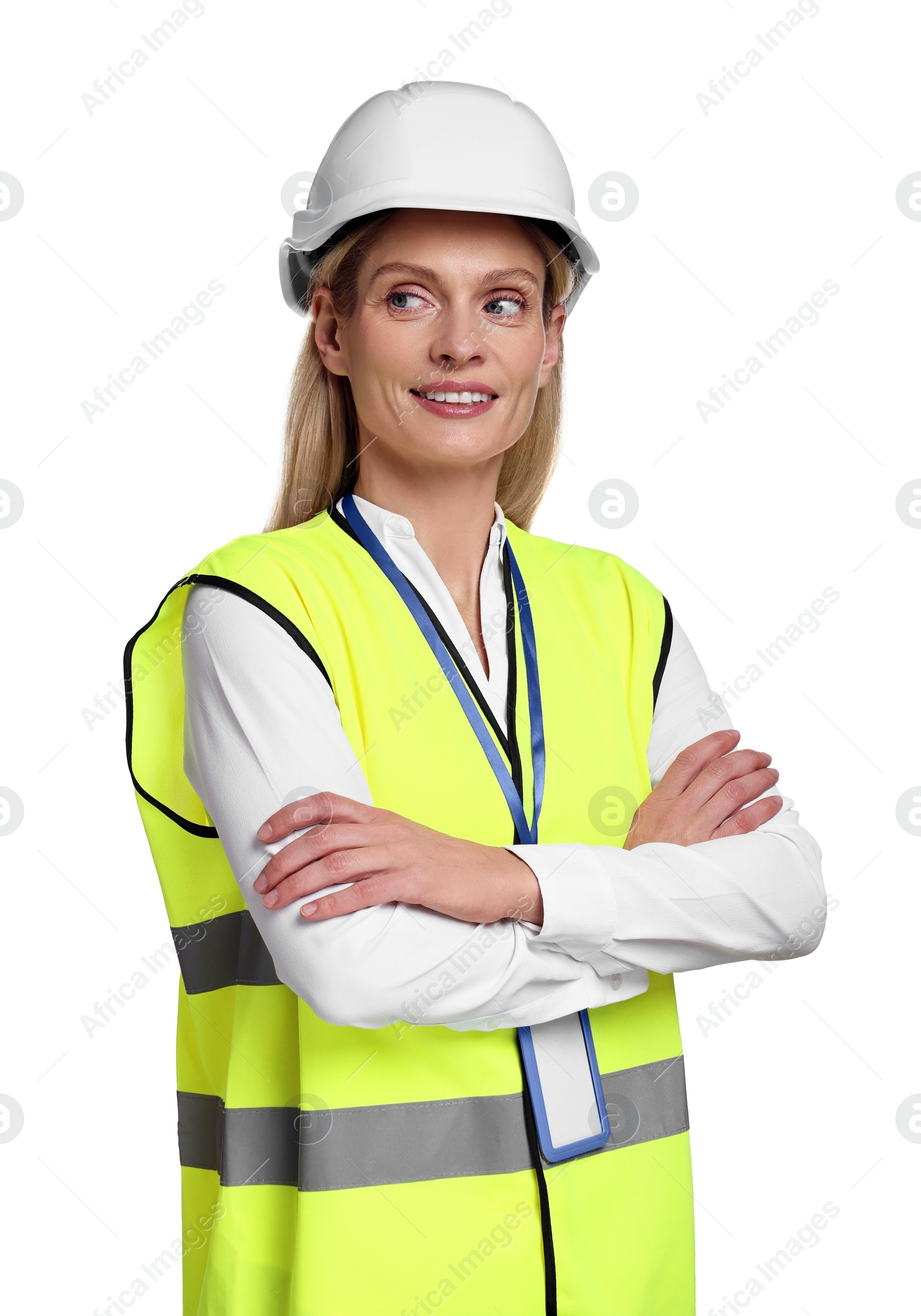 Photo of Engineer with hard hat and badge on white background