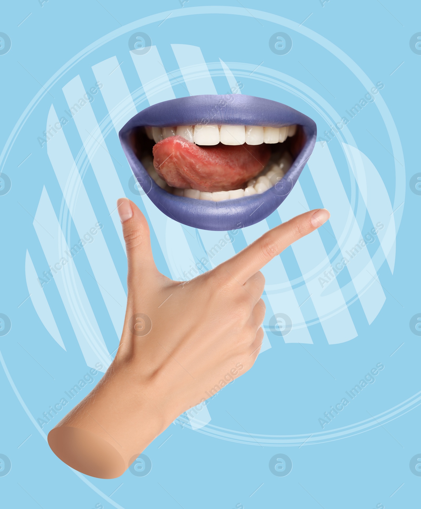 Image of Stylish art collage. Smiling woman's mouth showing tongue above hand on light blue background