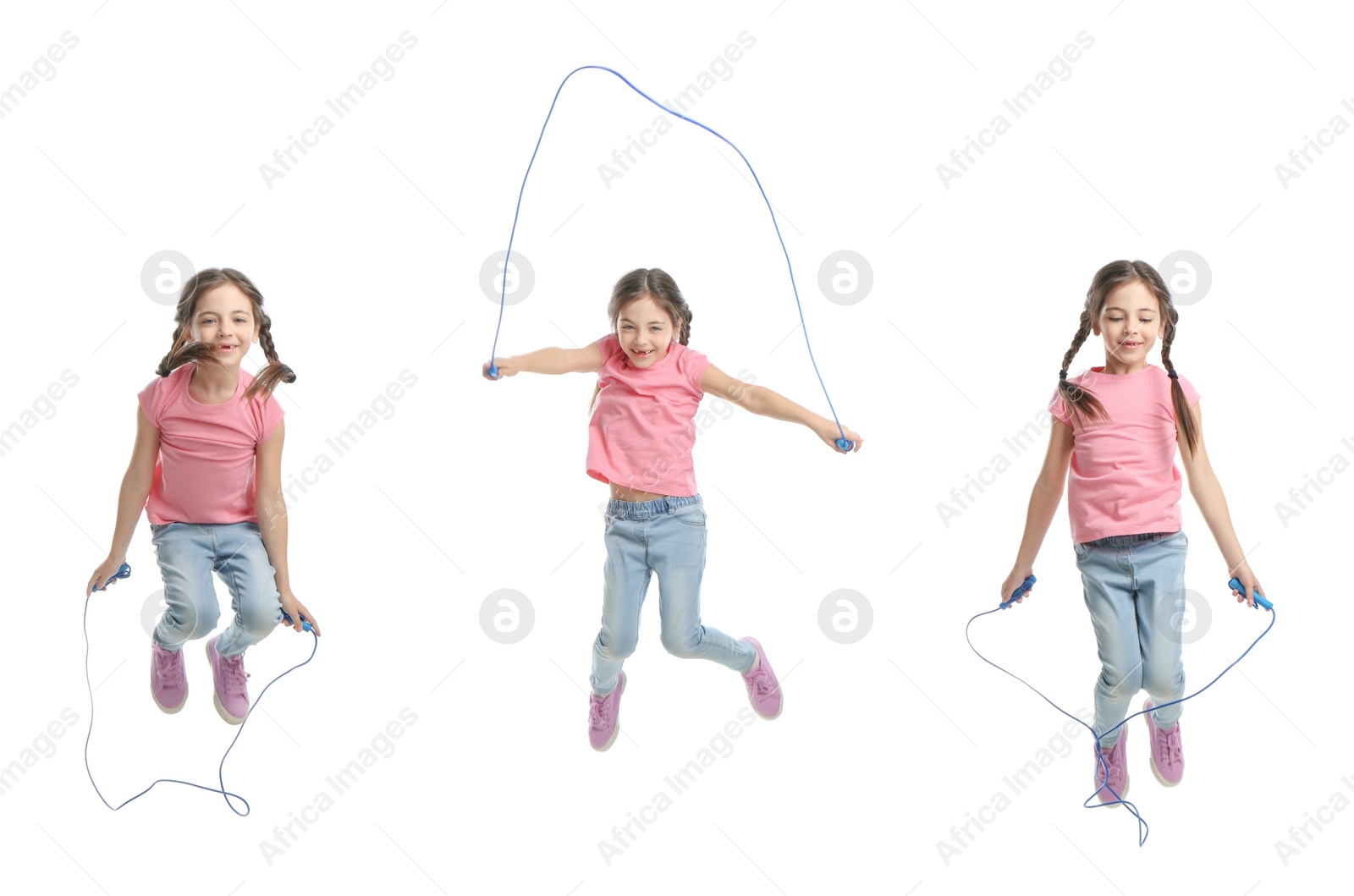 Image of Cute happy girl with jumping rope on white background, collage. Banner design