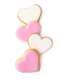 Photo of Decorated heart shaped cookies on white background, top view