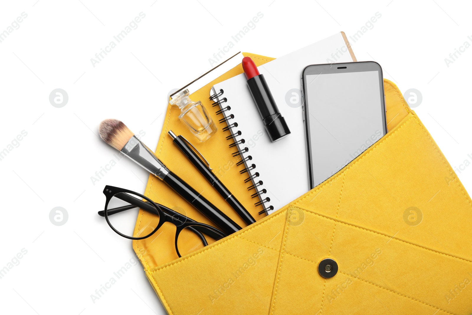 Photo of Stylish woman's bag with smartphone and accessories on white background, top view