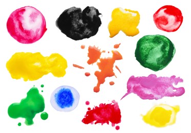 Image of Set with colorful blots of ink on white background, top view