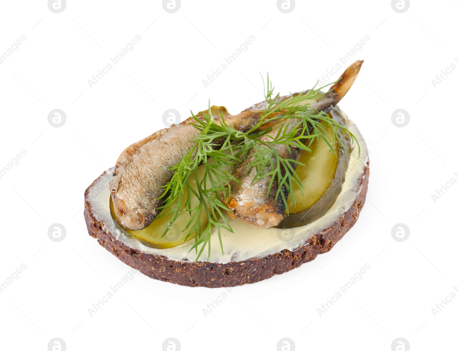 Delicious sandwich with smoked sprats, pickled cucumber and dill isolated on white Photo of Delicious sandwich with smoked sprats, pickled cucumber and dill isolated on white