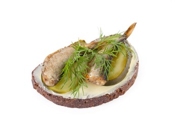 Photo of Delicious sandwich with smoked sprats, pickled cucumber and dill isolated on white
