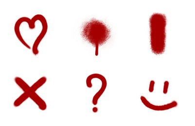 Illustration of Symbols drawn by red spray paint on white background, collage