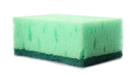 Photo of Green cleaning sponge with abrasive scourer isolated on white