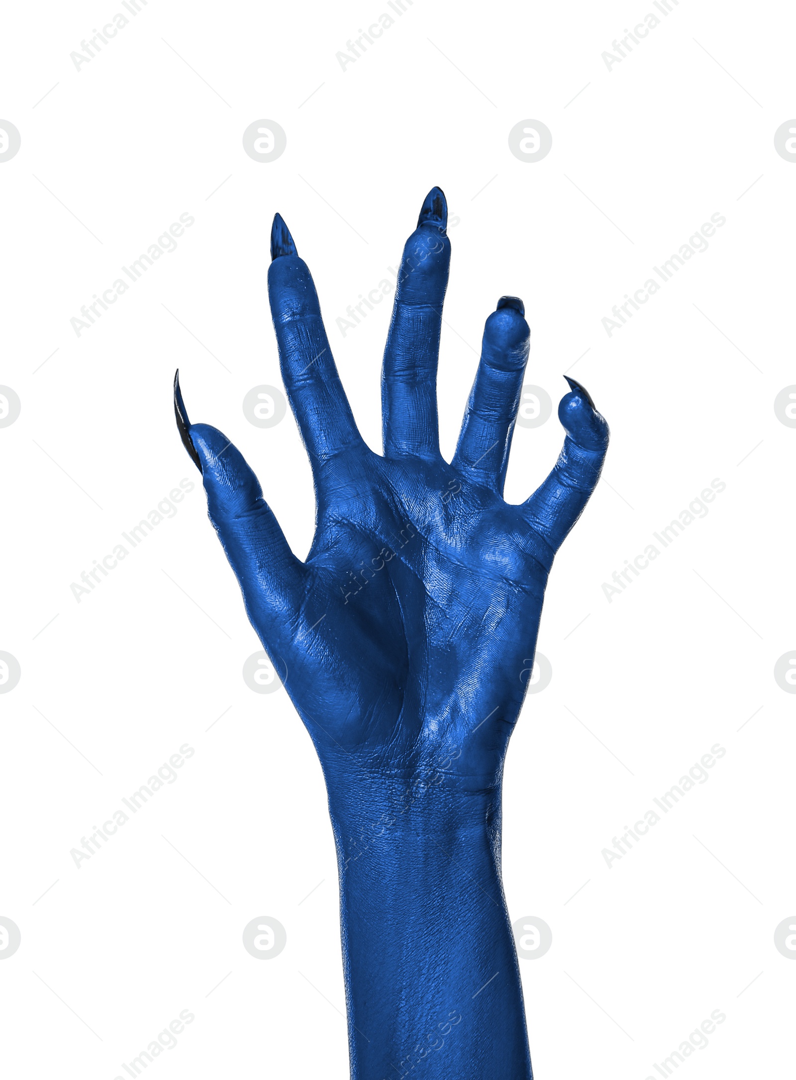 Image of Creepy monster. Blue hand with claws isolated on white