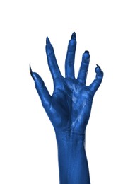 Creepy monster. Blue hand with claws isolated on white