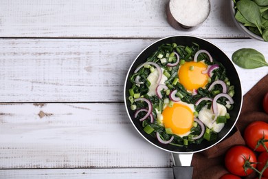 Photo of Flat lay composition with tasty Shakshouka and ingredients on white wooden table. Space for text