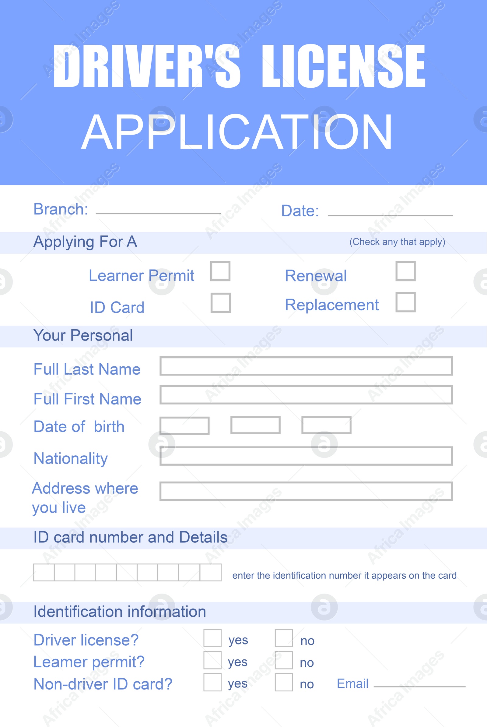 Image of Driver's license application form made in blue colors