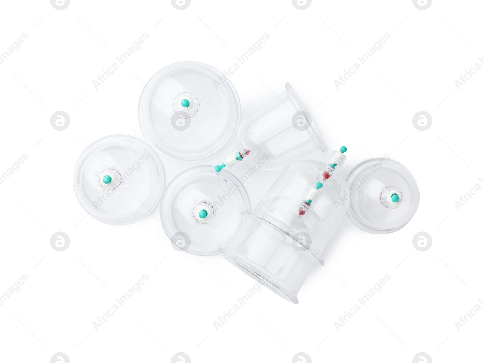 Photo of Plastic cups isolated on white, top view. Cupping therapy