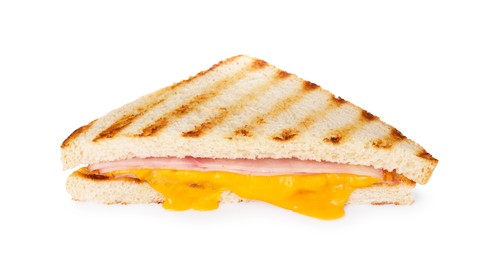 Photo of Delicious grilled sandwich with ham and cheese isolated on white