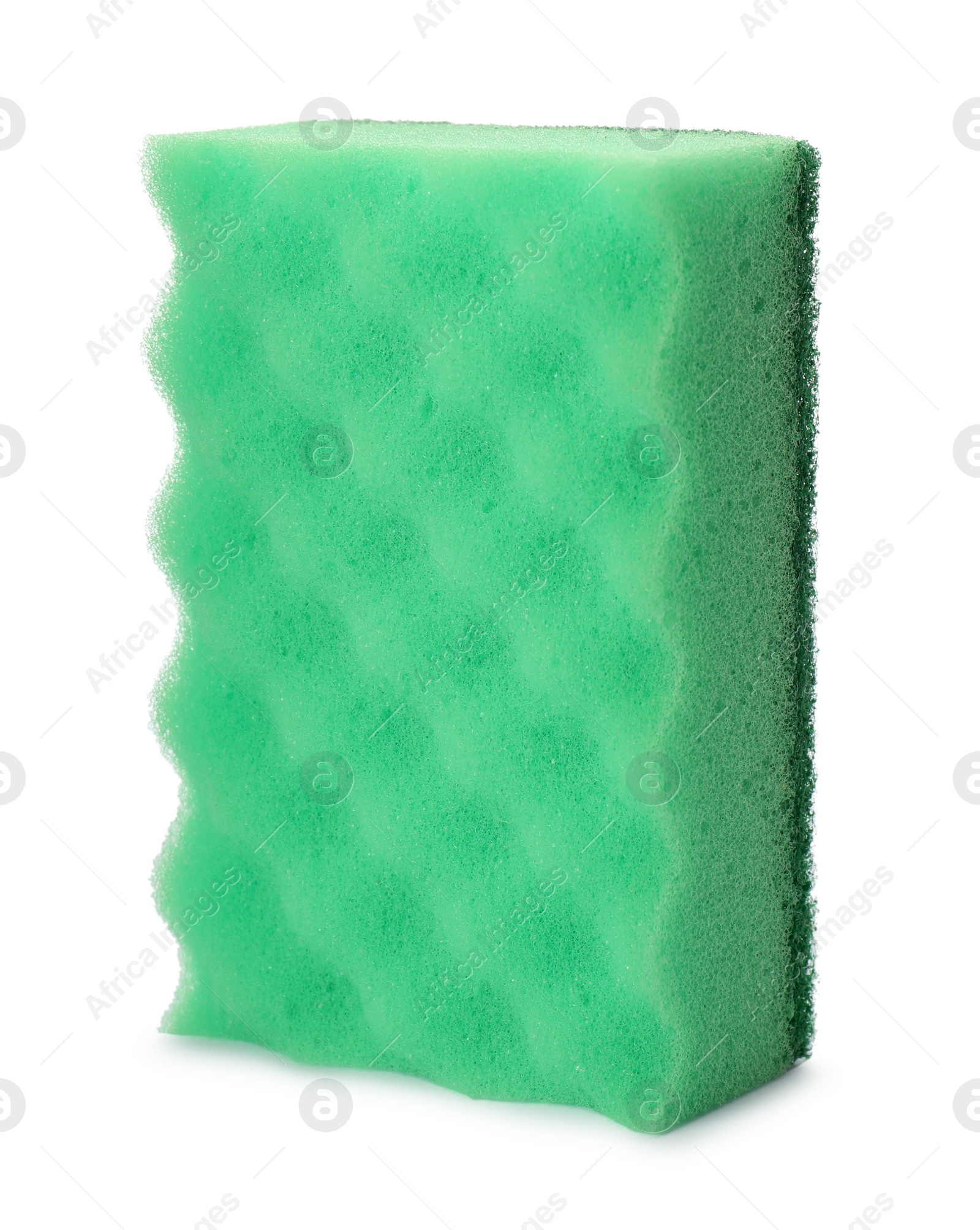 Photo of Green cleaning sponge with abrasive scourer isolated on white