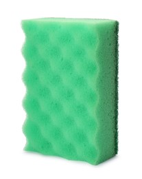 Photo of Green cleaning sponge with abrasive scourer isolated on white