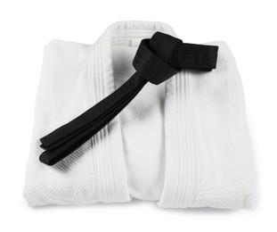 Photo of Black karate belt and kimono isolated on white
