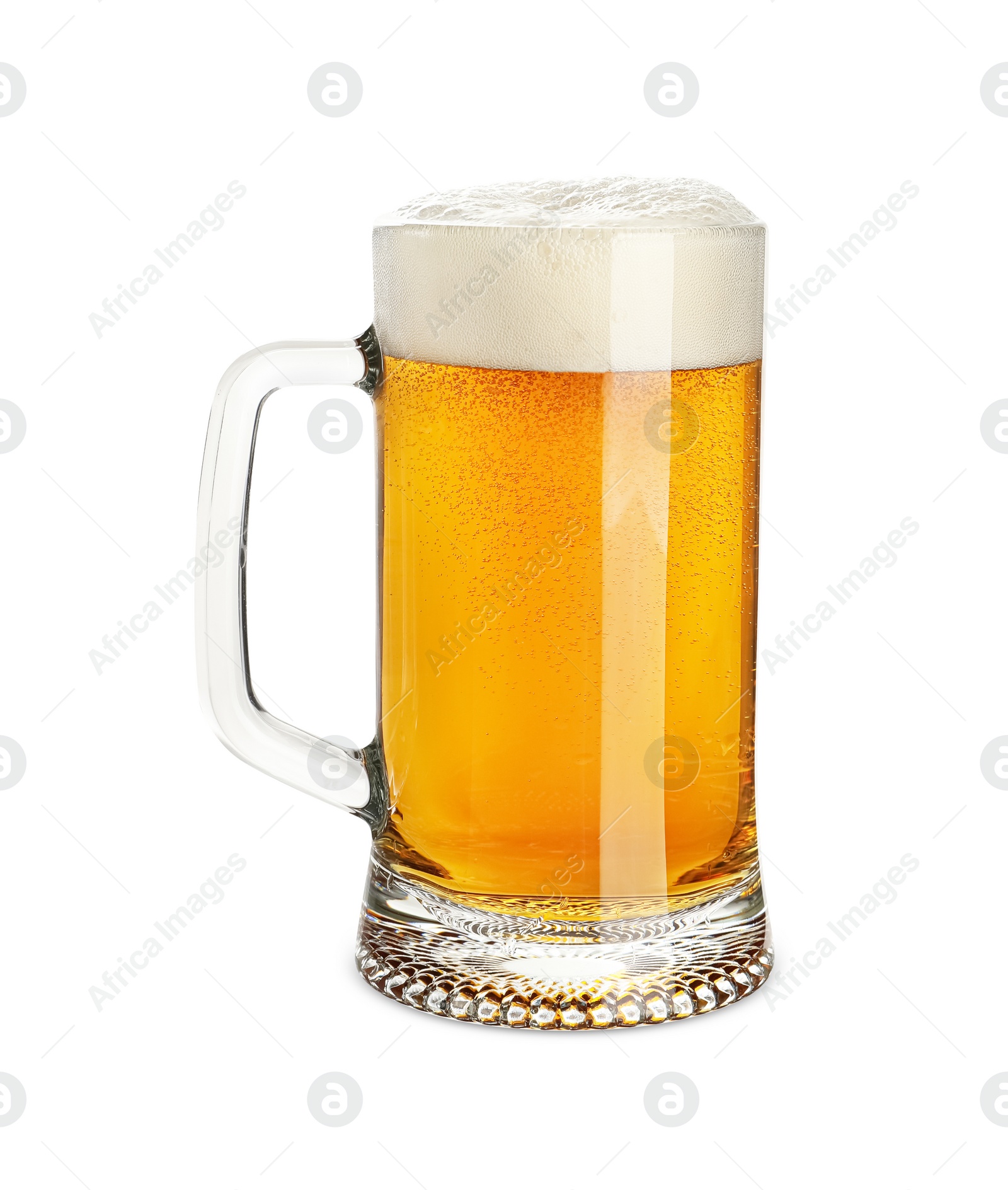 Photo of Glass mug of tasty light beer on white background