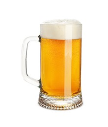 Photo of Glass mug of tasty light beer on white background