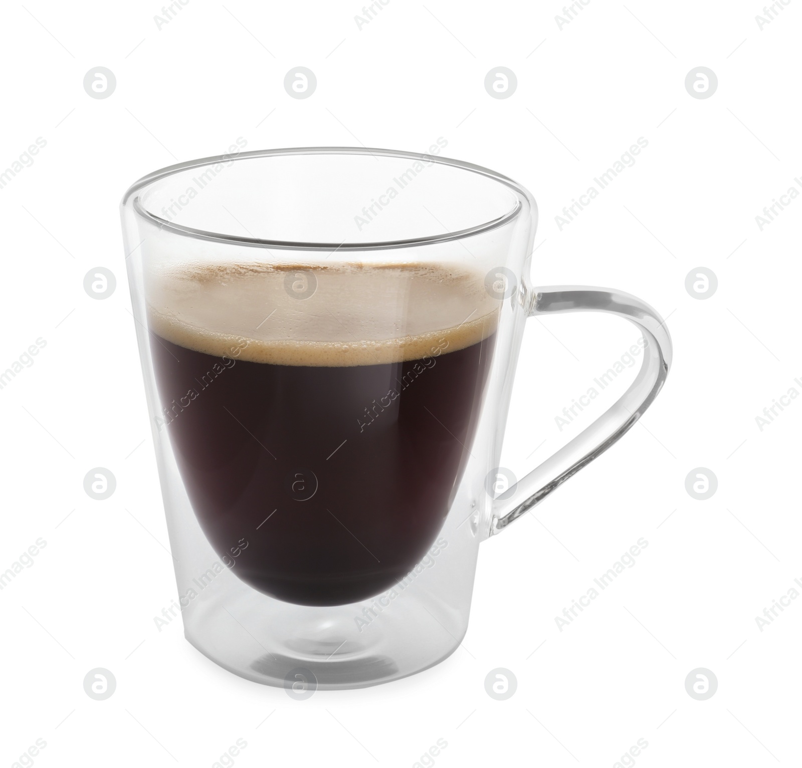 Photo of Glass cup of aromatic coffee isolated on white