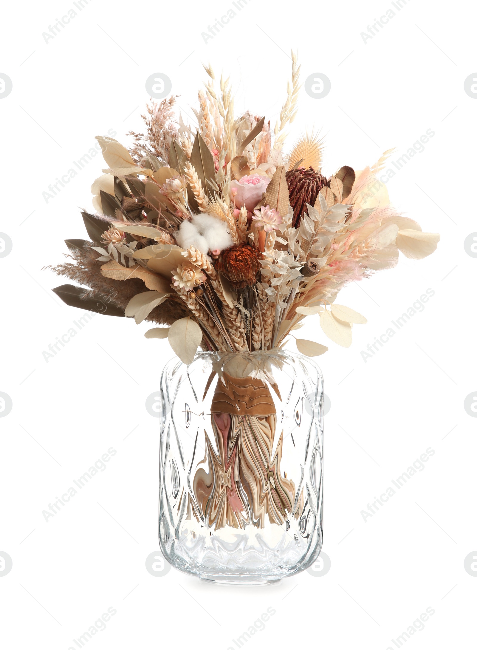 Photo of Beautiful dried flower bouquet in glass vase isolated on white