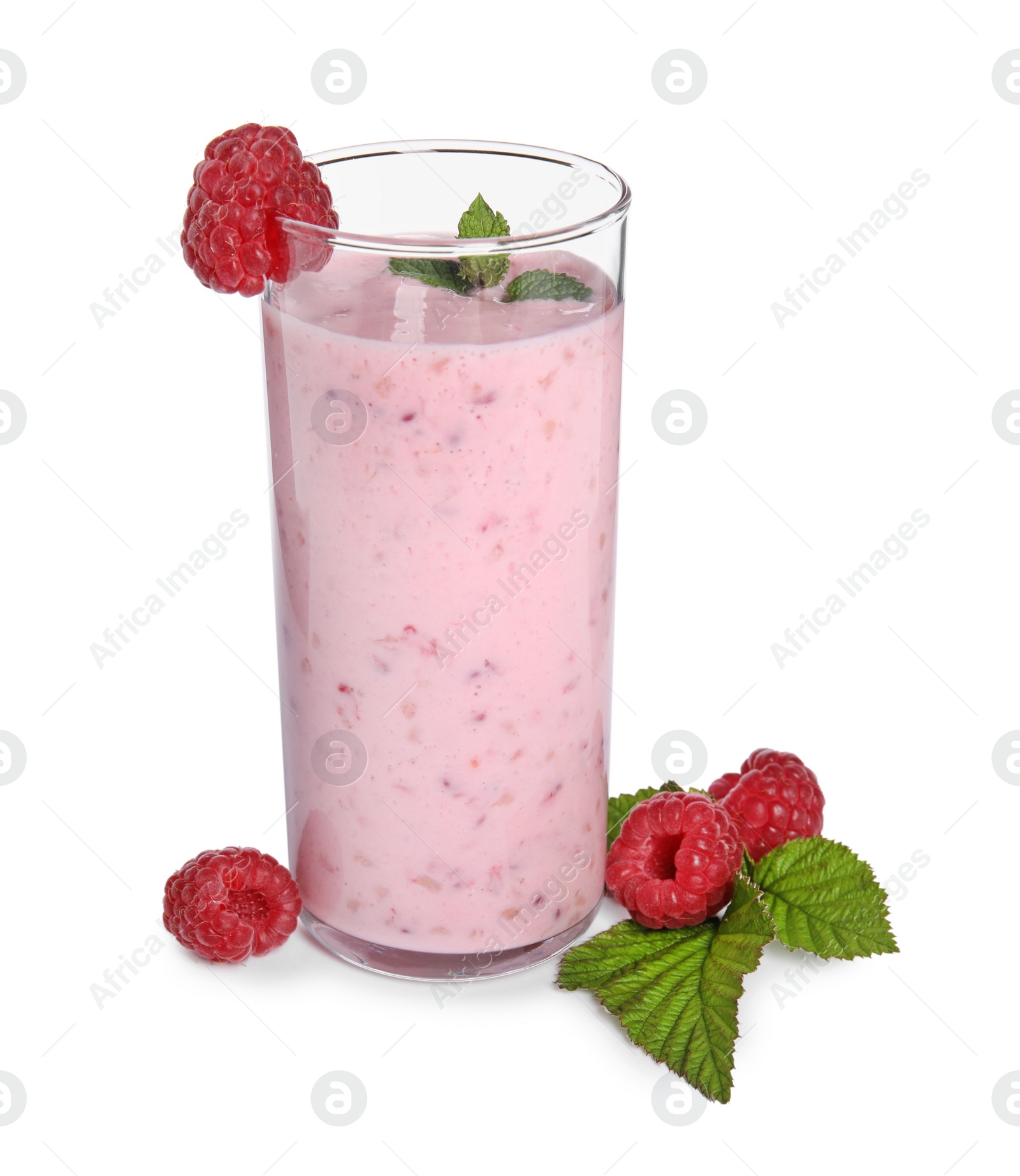 Photo of Tasty raspberry smoothie in glass isolated on white