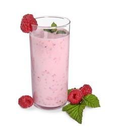 Photo of Tasty raspberry smoothie in glass isolated on white