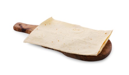 Wooden board with delicious Armenian lavash on white background