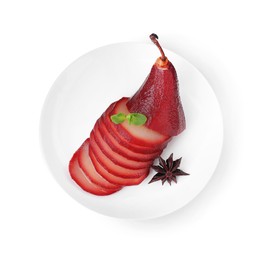 Photo of Tasty red wine poached pear isolated on white, top view