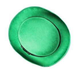 Photo of Green leprechaun hat isolated on white, top view. Saint Patrick's Day accessory